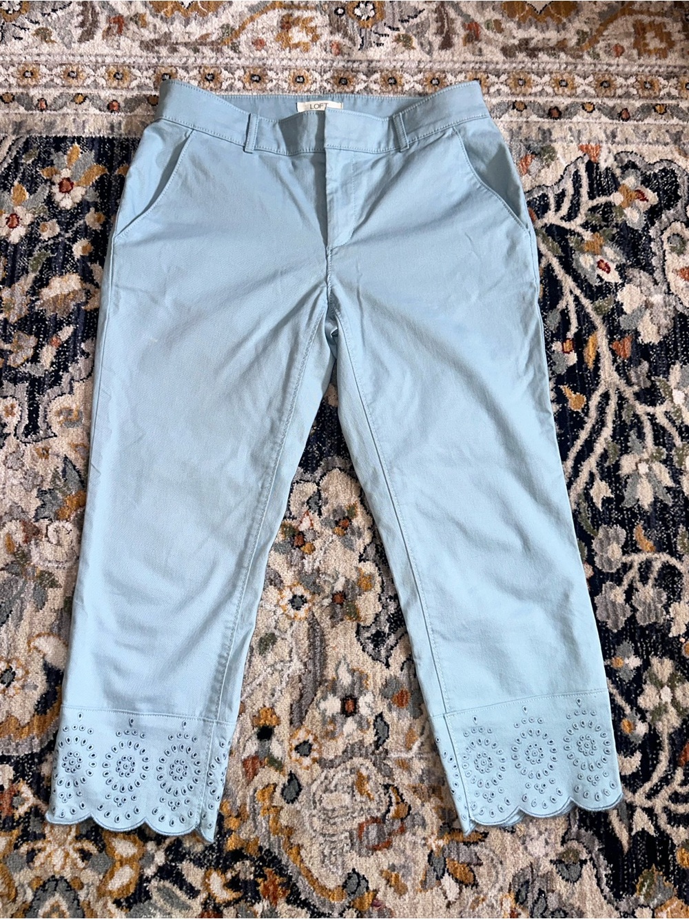 LOFT Light Blue Eyelet Hem Cropped Capri Pants